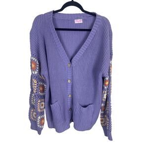NWOT Pink Lily Crochet Sleeve Cardigan Sweater Women’s Size Large Purple Boho